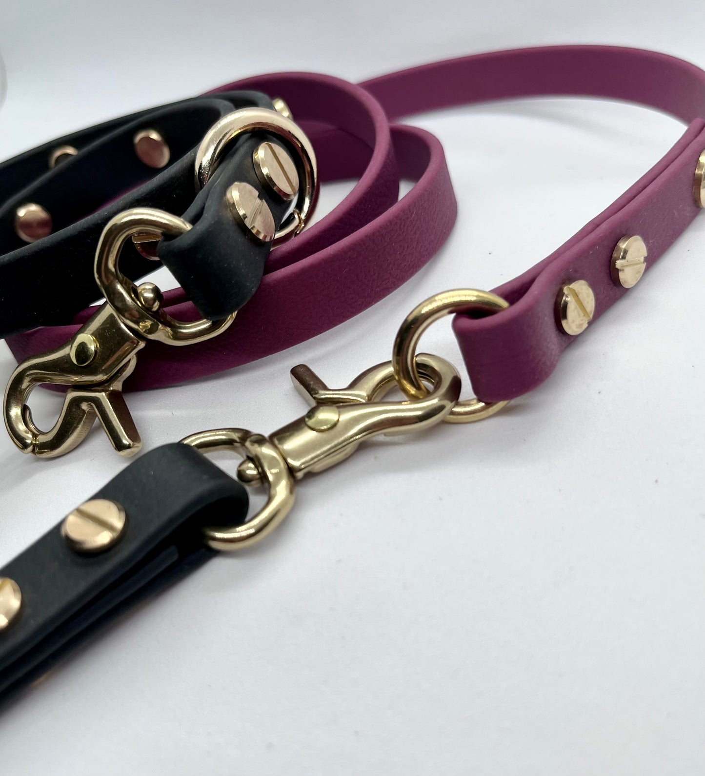 ‘Coffee Bean’ WINE RED BioThane® 13mm collar, lead & accessories solid brass hardware