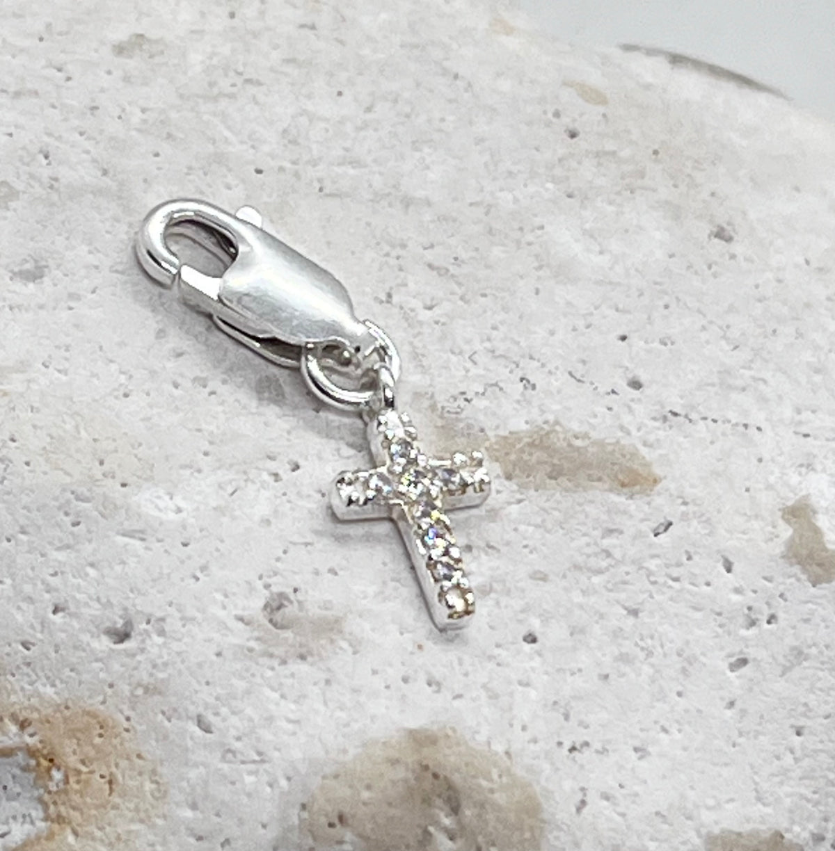 925 Sterling Silver Chain ‘Diamanté Cross’ Charm Jump Ring or Lobster Clasp