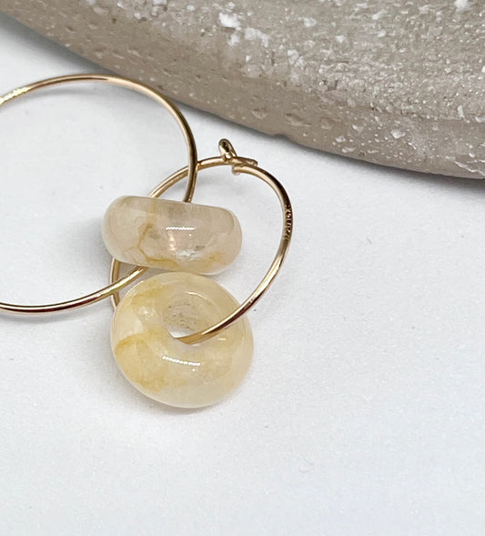 ‘Citrine Zen’ 14k Gold Citrine donut plain fine wire ear minimalist hoop earrings