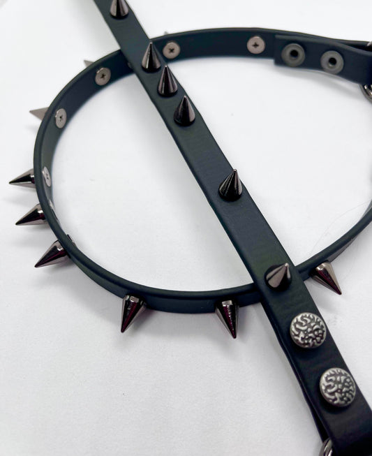 'Little Chaos' black studded biothane collar studded gunmetal cone spikes
