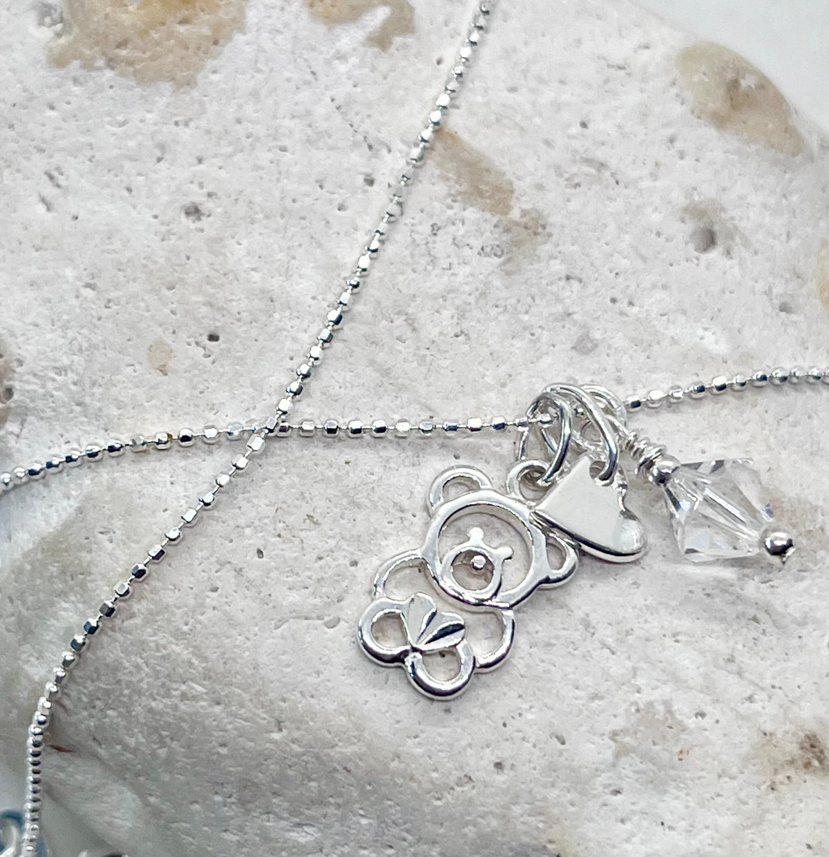 925 'Teddy Birthstone' Charm Necklace - Sterling Silver Diamond Cut Ball Chain & Heart Charm