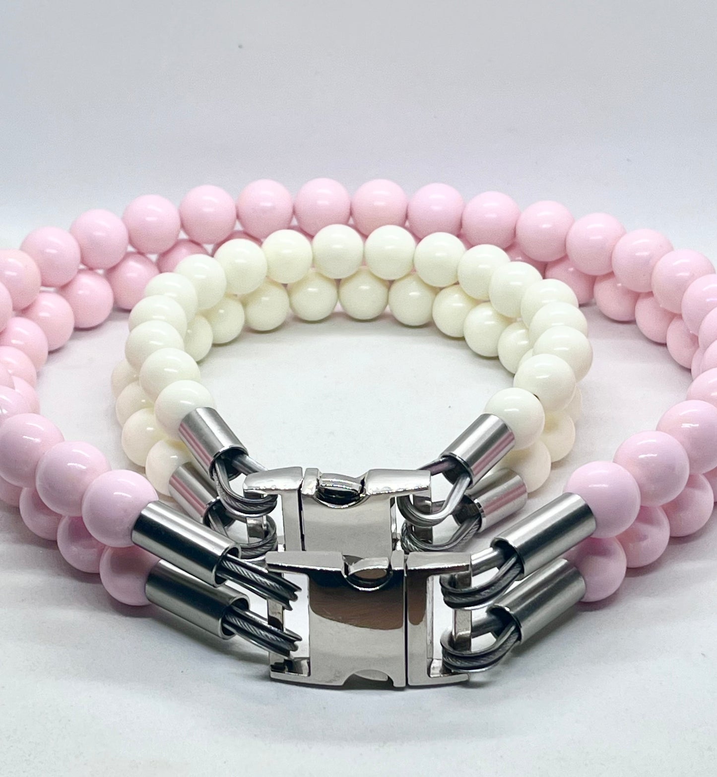 'Glow Up' Double White Beaded Stainless Steel Dog Collar20mm