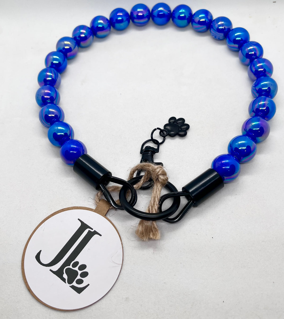 Iridescent Blue 'Top Dog' Beaded Collar with Matte Black Stainless Steel Hardware