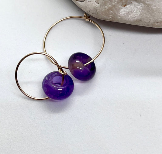 'Amethyst Zen' 14k Gold Amethyst Donut Plain Fine Wire Ear Hoop Earrings