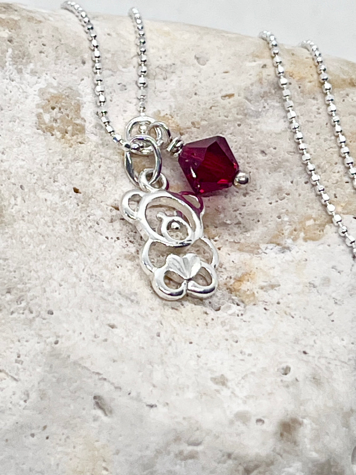 925 'Teddy Birthstone' Charm Necklace - Sterling Silver Diamond Cut Ball Chain & Heart Charm
