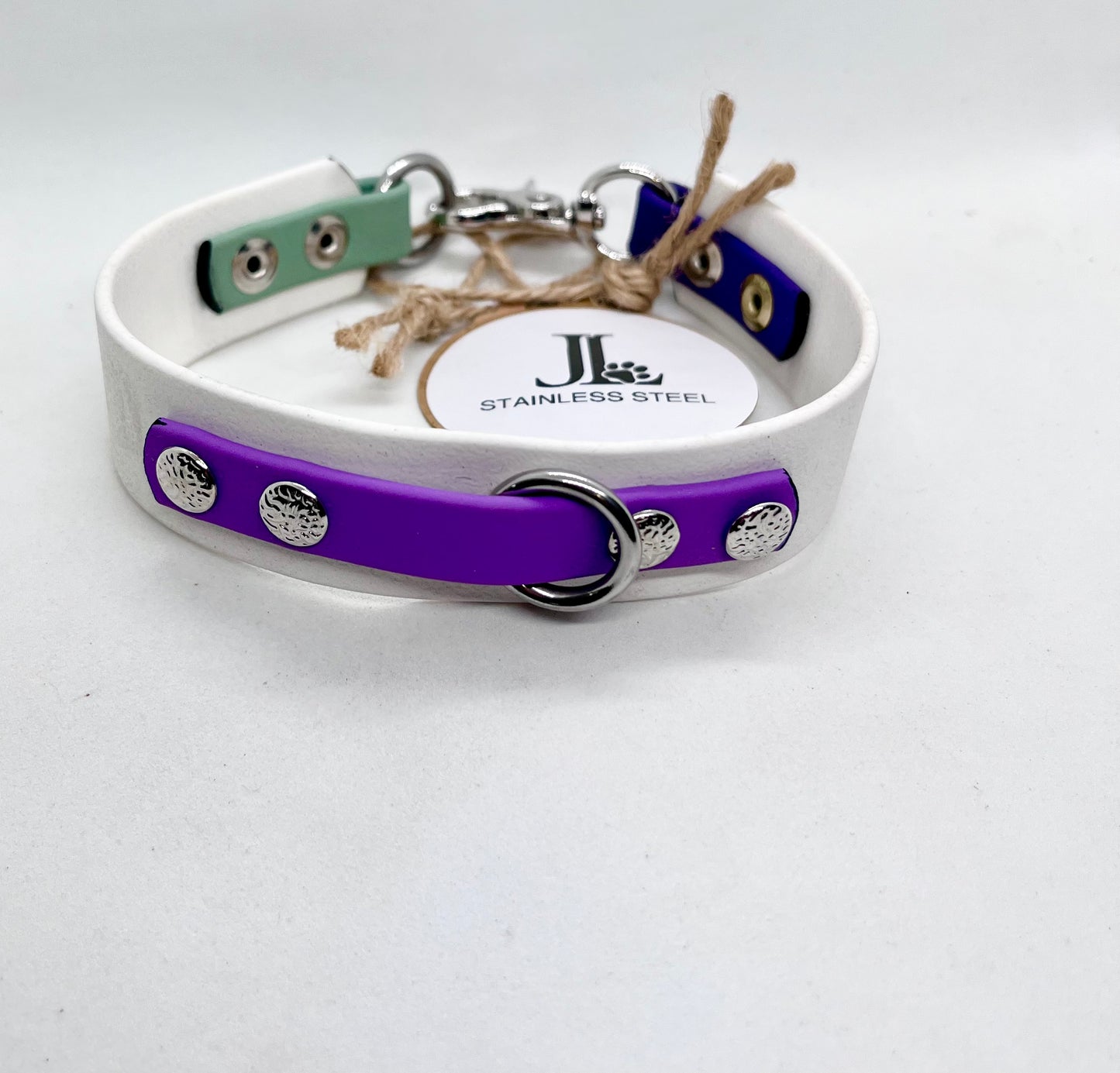 'How Fancy' White Purple & Green BioThane® Collar - Stainless Steel Hardware | 12 inch | Reduced to £18.60