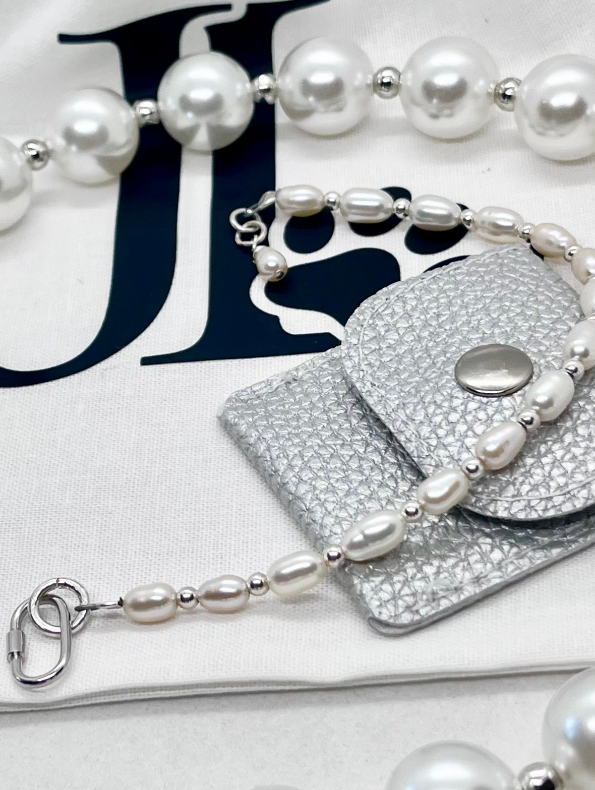925 ‘Pearl Bond’ Freshwater Pearl & Bead Bracelet with Hallmarked Industrial Chic Carabiner Clasp