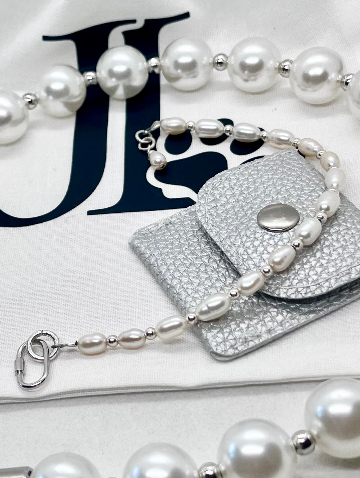 925 ‘Pearl Bond’ Double-Layer Freshwater Pearl & Bead Bracelet with Hallmarked Industrial Chic Carabiner Clasp