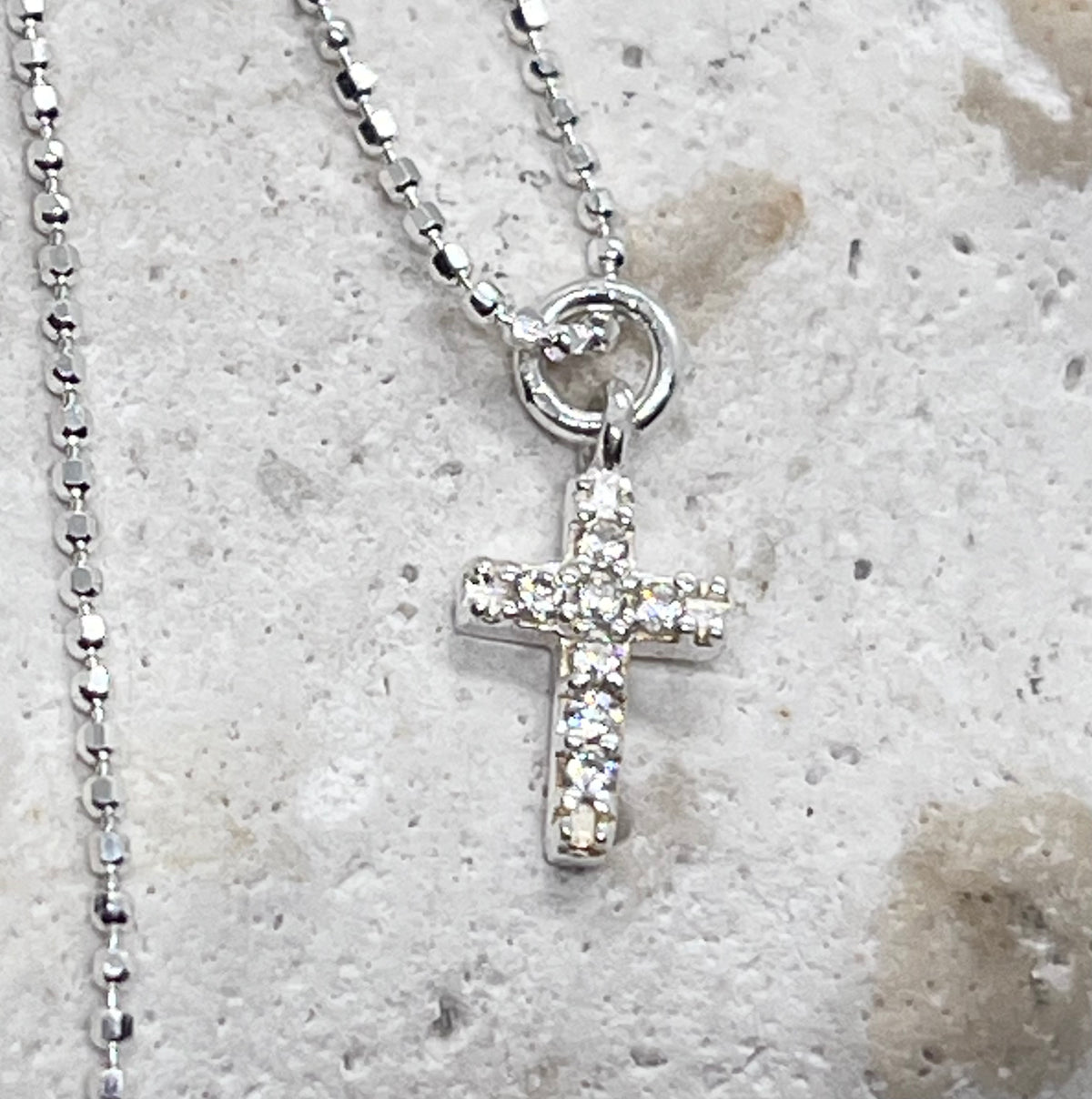 925 'Diamanté Cross' Charm Necklace - Sterling Silver Diamond Cut Ball Chain