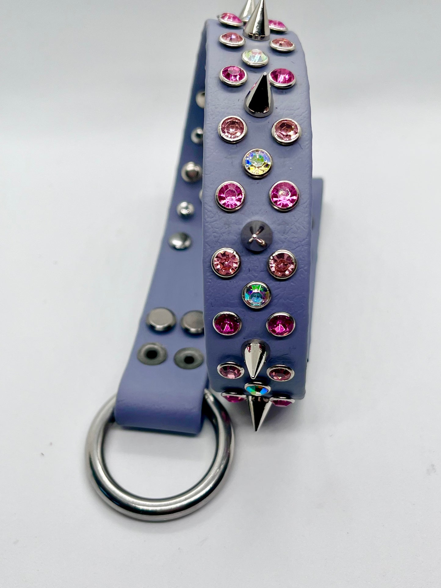 ‘Rhinestone Rebel’ all out pink rhinestone crystal grey BioThane® sparkly pink & iridescent spiked dog collar with stainless steel hardware