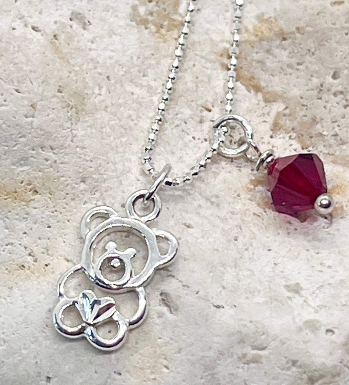 925 'Teddy Birthstone' Charm Necklace - Sterling Silver Diamond Cut Ball Chain & Heart Charm