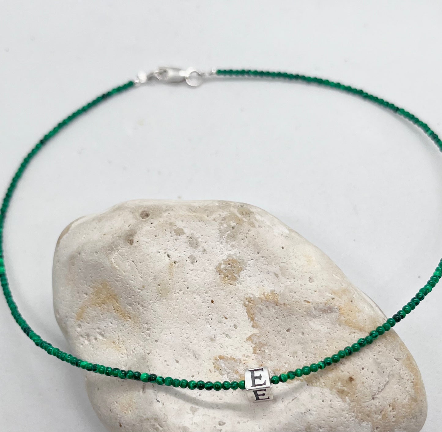 Malachite beaded necklace choker 925 sterling silver cube initial