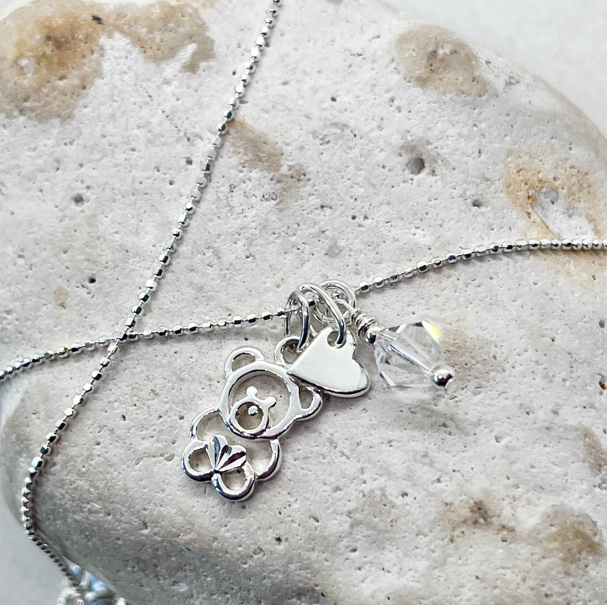 925 'Teddy Birthstone' Charm Necklace - Sterling Silver Diamond Cut Ball Chain & Heart Charm