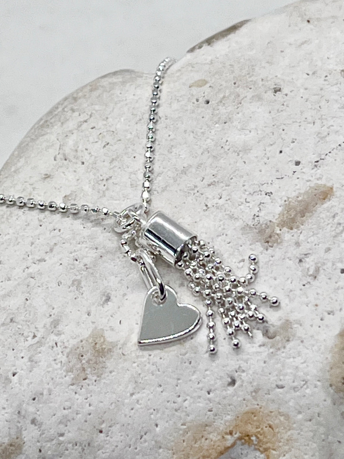 925 'Tassel Love' Tassel Heart Charm Necklace - Sterling Silver Diamond Cut Ball Chain