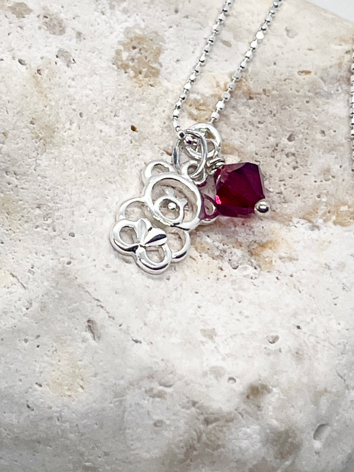 925 'Teddy Birthstone' Charm Necklace - Sterling Silver Diamond Cut Ball Chain & Heart Charm