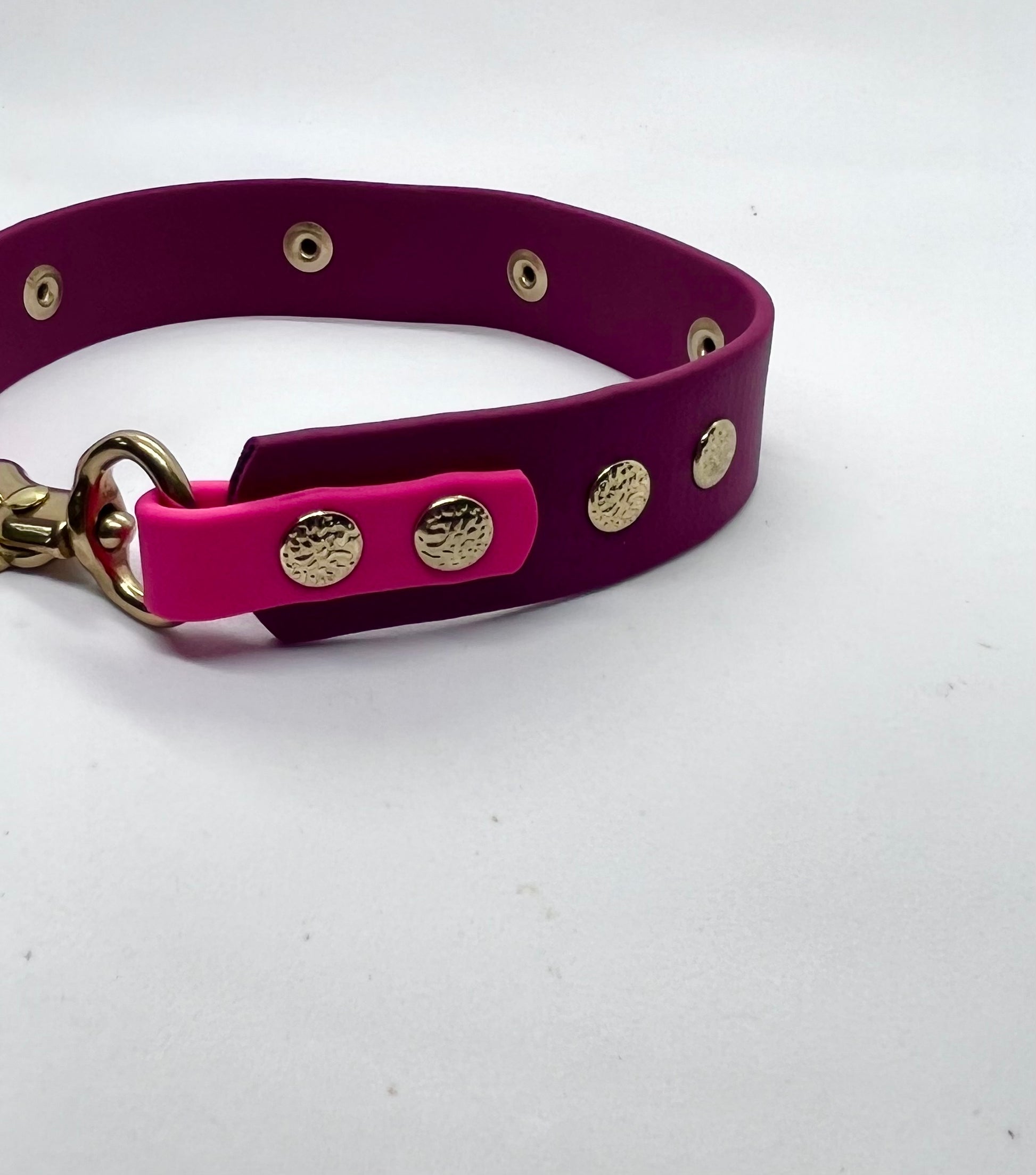 'How Posh' Burgundy Red & Pink BioThane® Dog Collar with Solid Brass Hardware | JOOLS LONDON