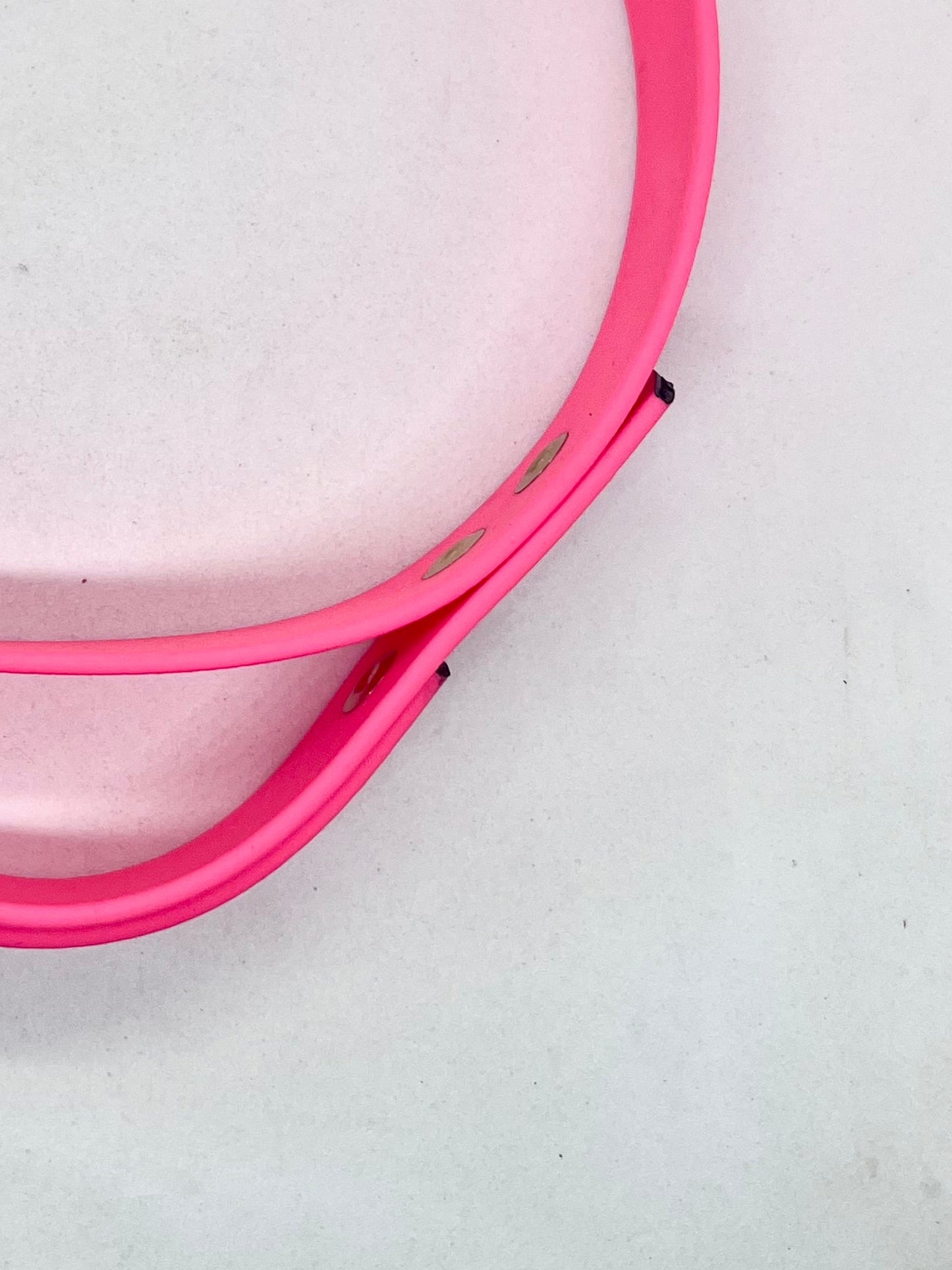 A bright pink pet collar with a gold-brass metal clasp.  Close up of handle. JOOLS LONDON