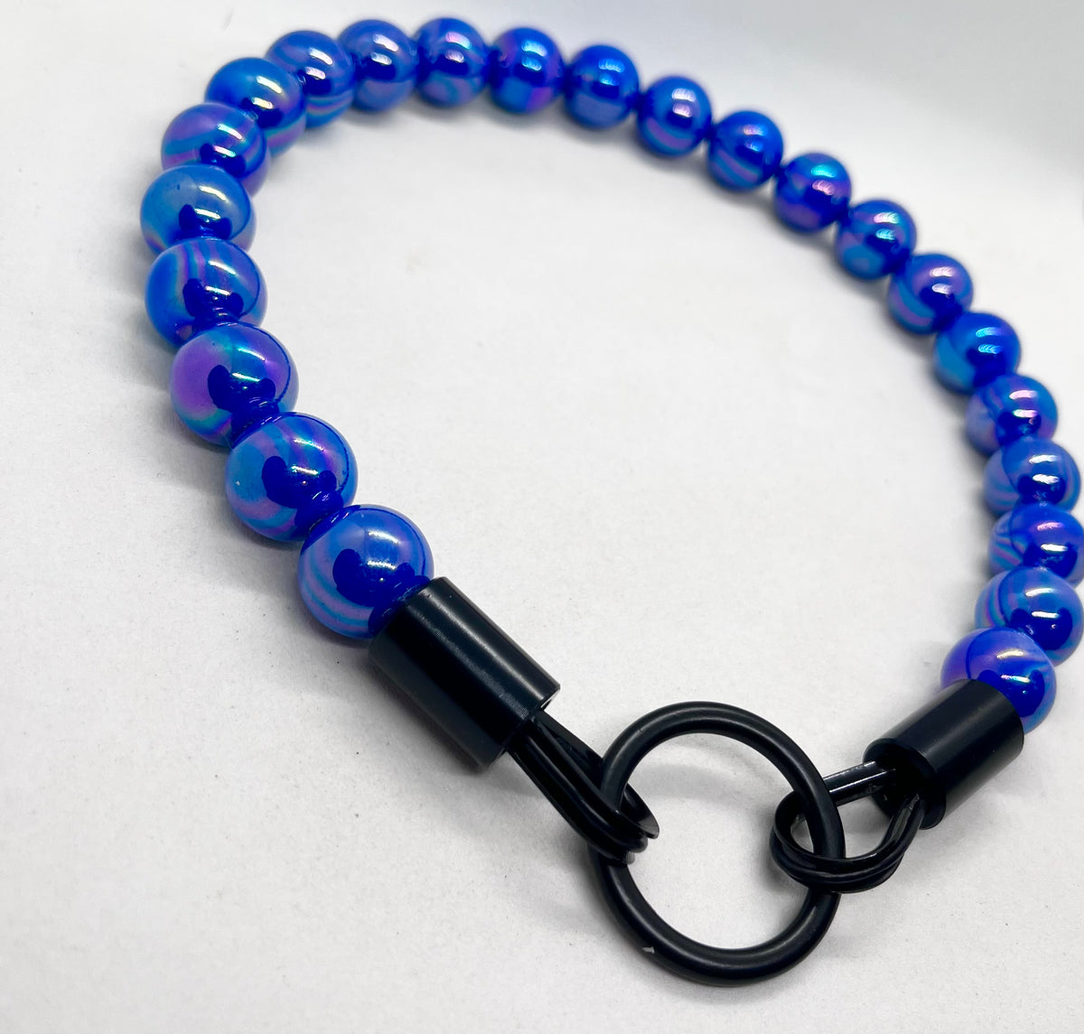 Iridescent Blue 'Top Dog' Beaded Collar with Matte Black Stainless Steel Hardware