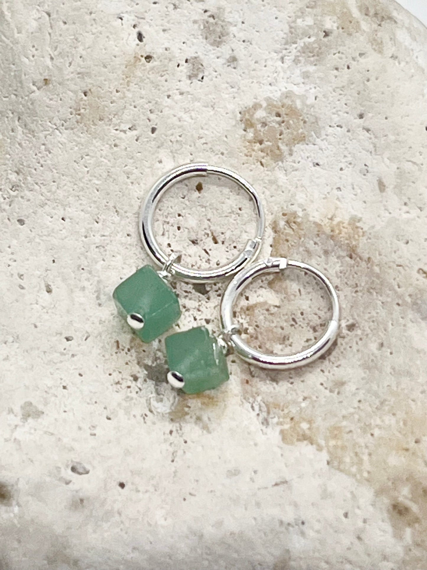 'Aventurine Luxe' 925 Sterling Silver Huggie Hoop Earrings - Green Aventurine Cube Crystal
