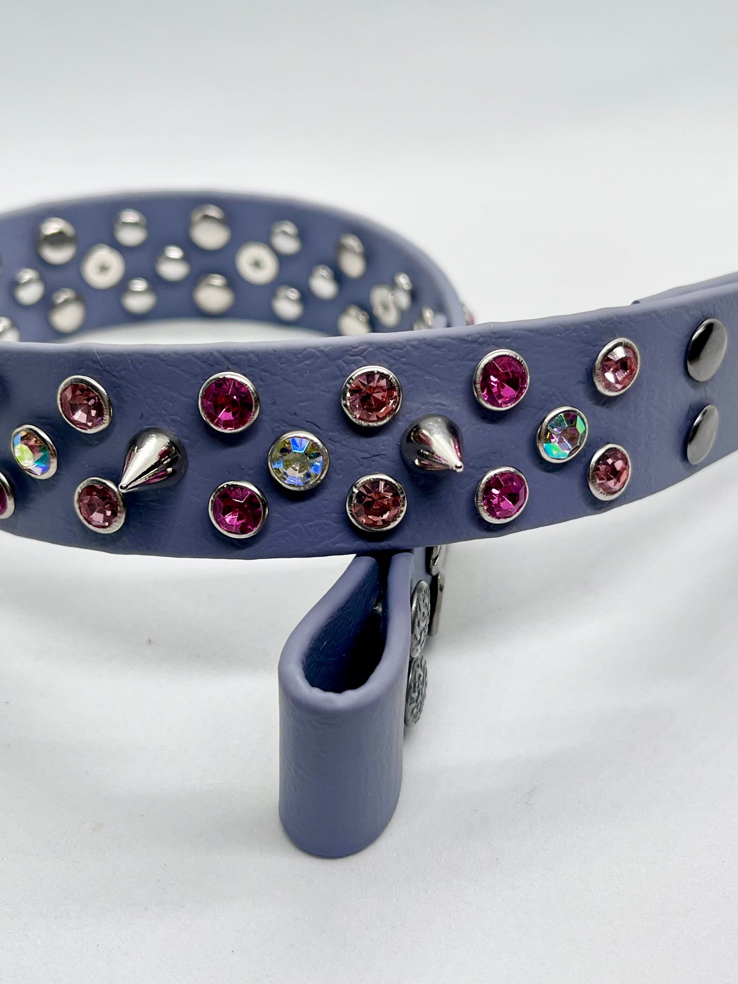 ‘Rhinestone Rebel’ all out pink rhinestone crystal grey BioThane® sparkly pink & iridescent spiked dog collar with stainless steel hardware