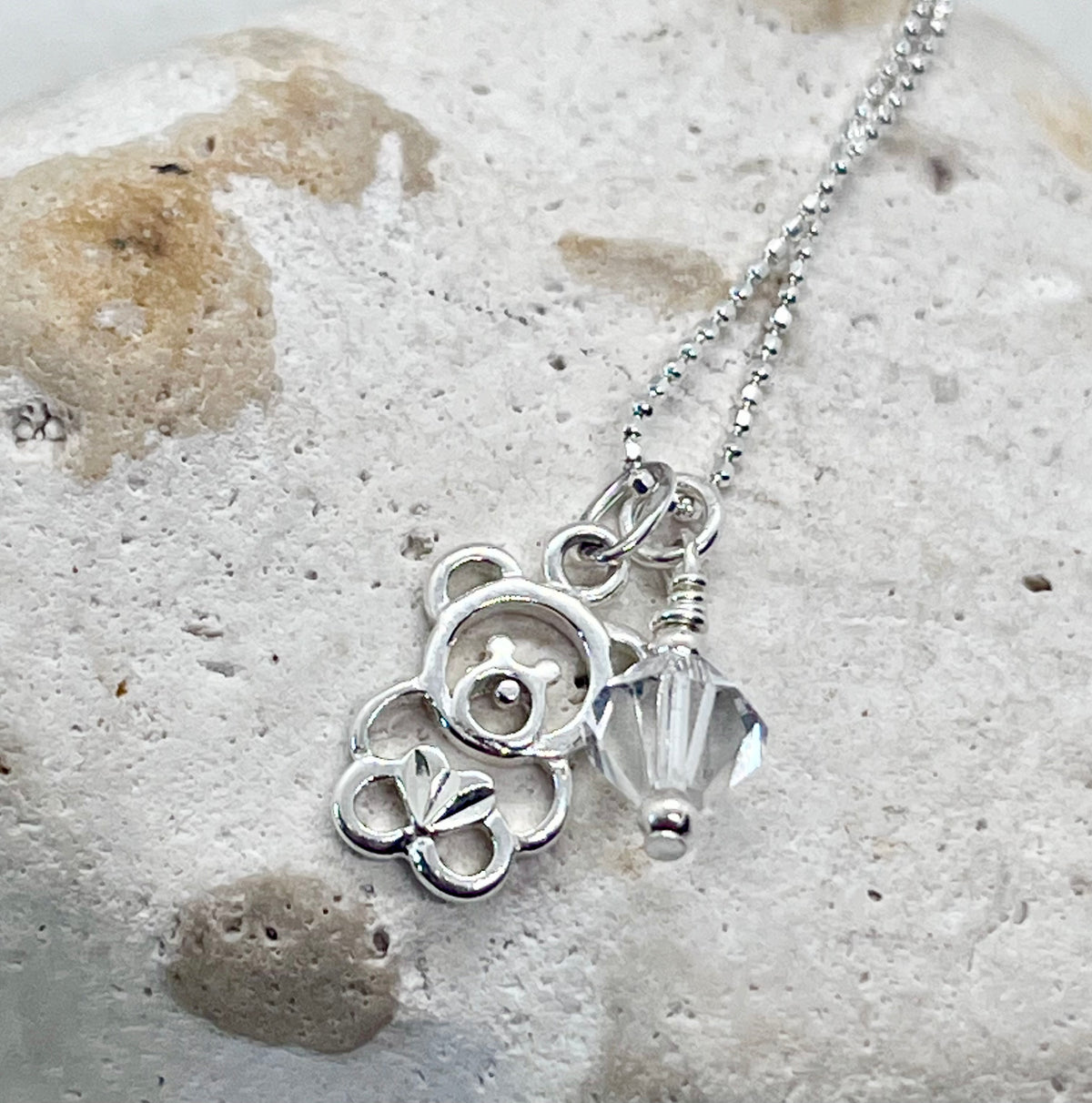 925 'Teddy Birthstone' Charm Necklace - Sterling Silver Diamond Cut Ball Chain & Heart Charm
