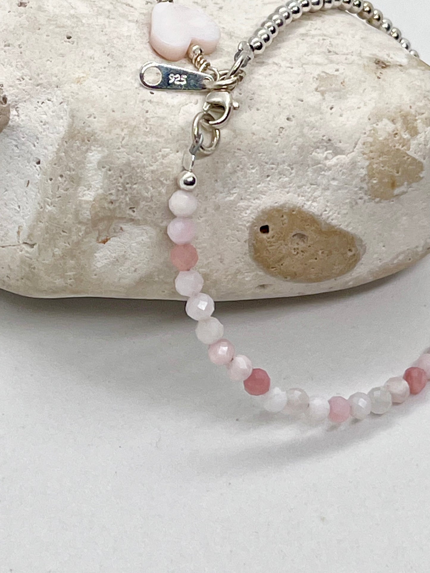 925 sterling silver 'Pink Opal 50-50’ boho style bead bracelet