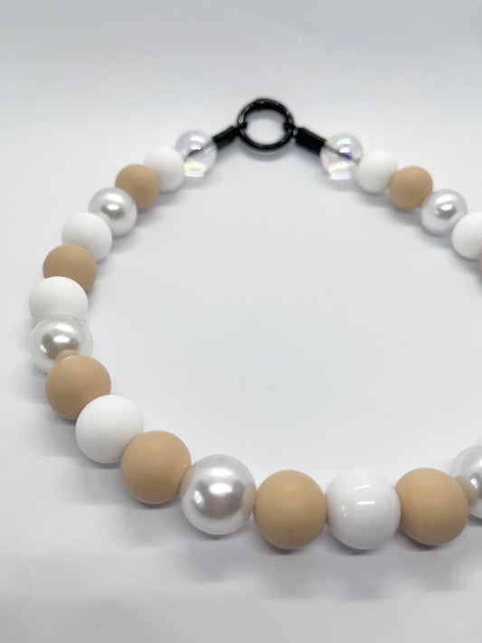 Beige & white crystal & pearl beaded dog collar necklace