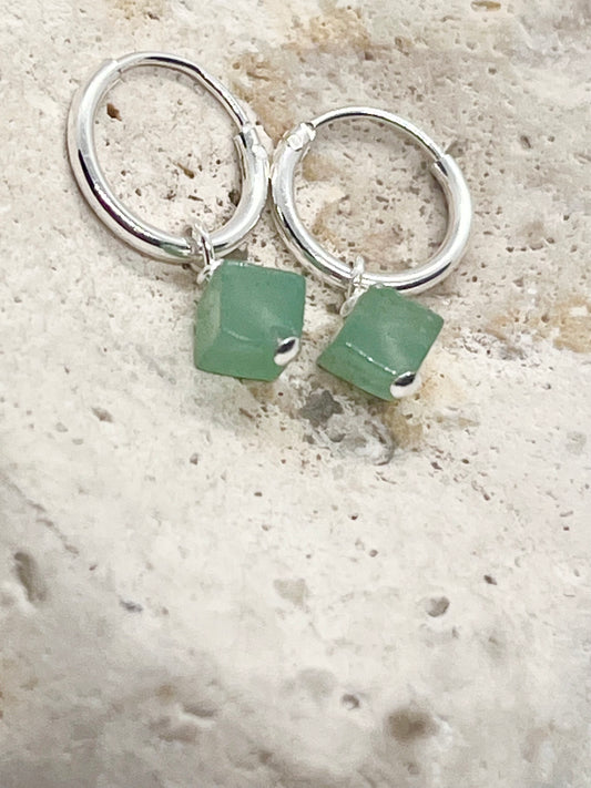 'Aventurine Luxe' 925 Sterling Silver Huggie Hoop Earrings - Green Aventurine Cube Crystal