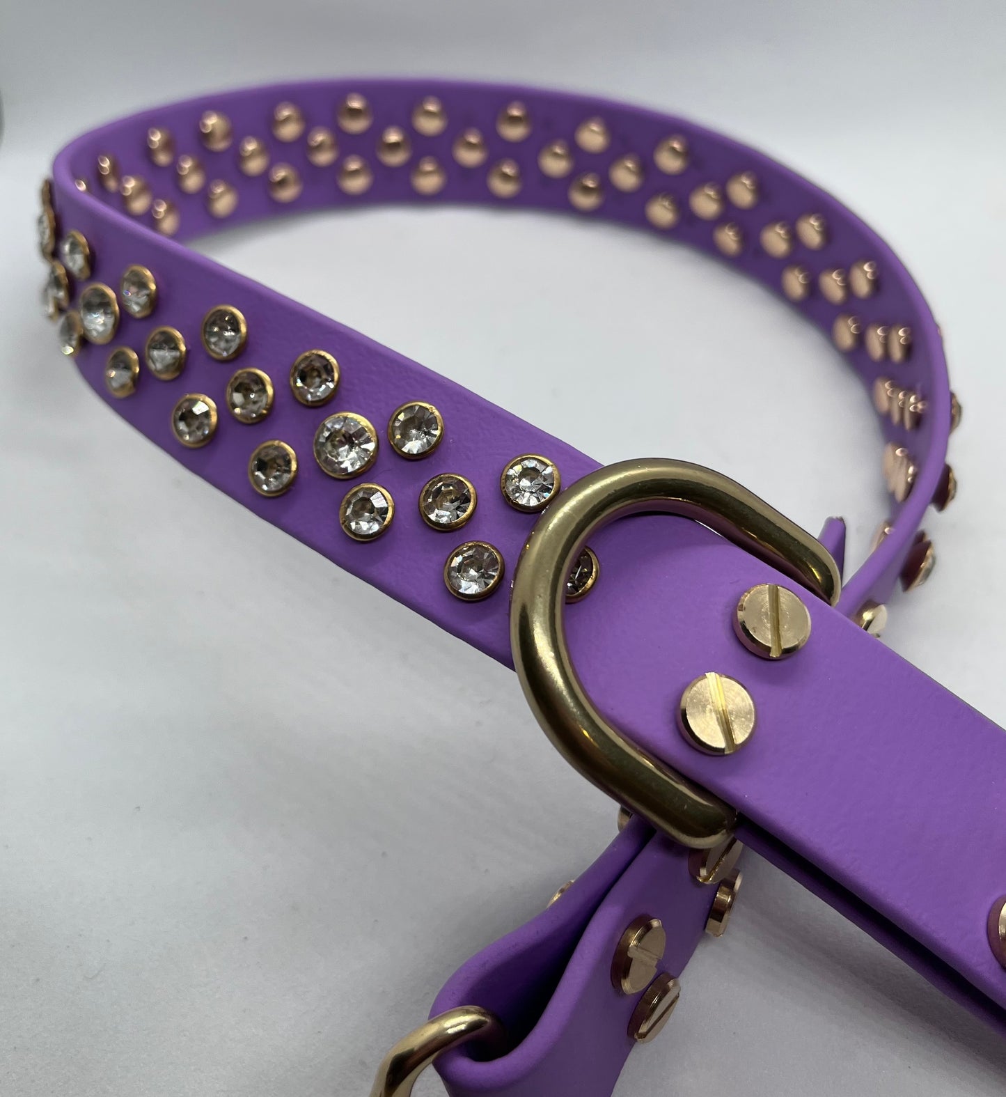 ‘Purple Rain’ rhinestone crystal sparkly studded O-ring & hook clip BioThane® dog collar with solid brass hardware