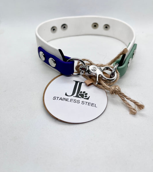 'How Fancy' White Purple & Green BioThane® Collar - Stainless Steel Hardware | 12 inch | Reduced to £18.60