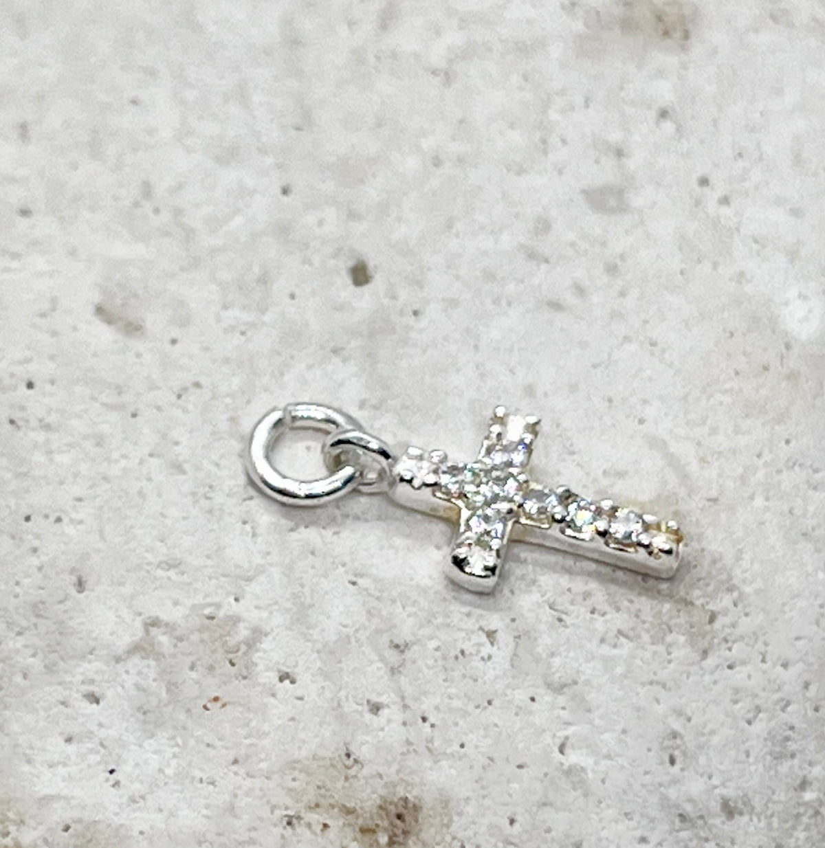 925 'Diamanté Cross' Charm Necklace - Sterling Silver Diamond Cut Ball Chain
