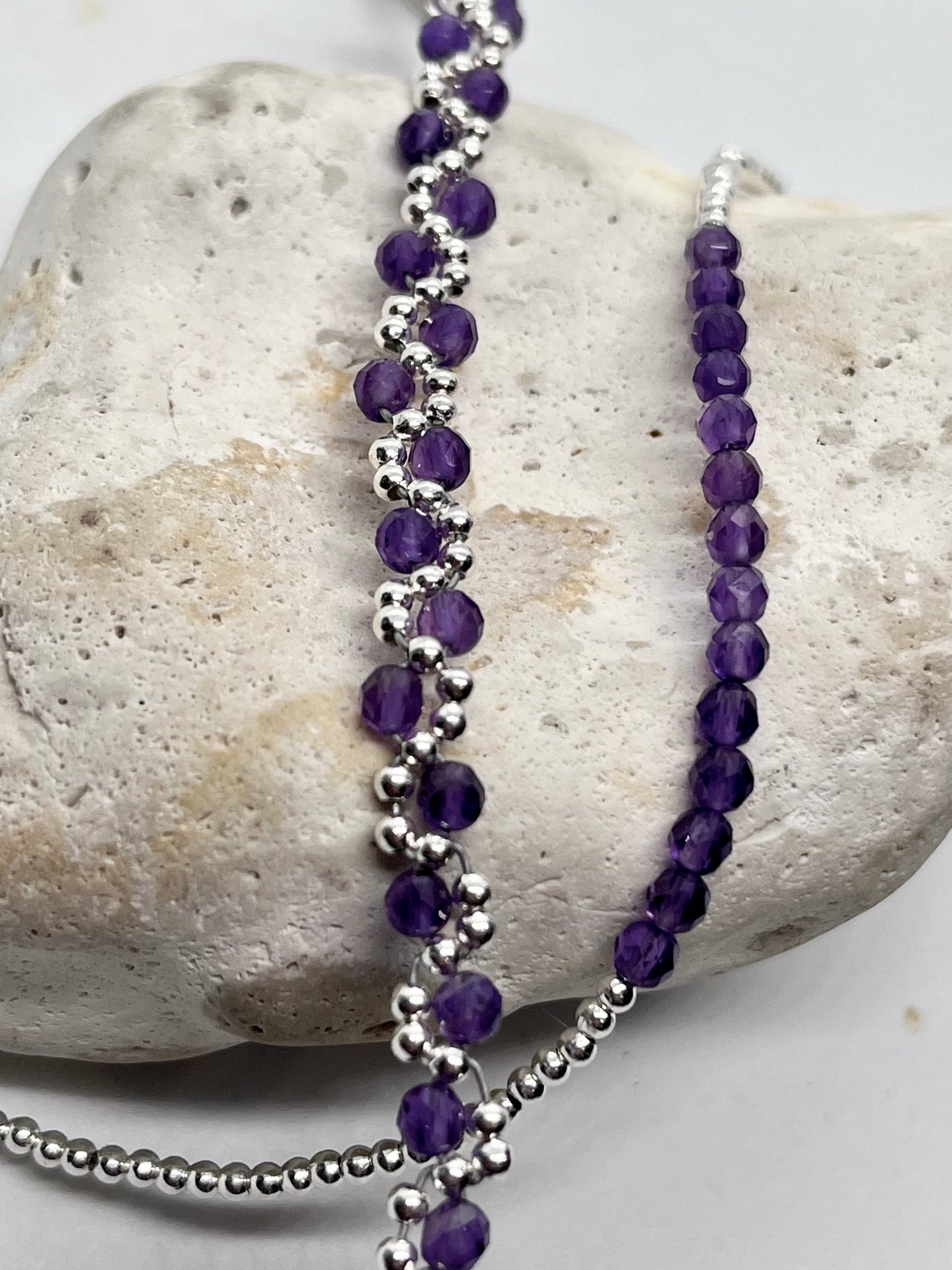 925 sterling silver Amethyst & silver bead weave cuff bracelet