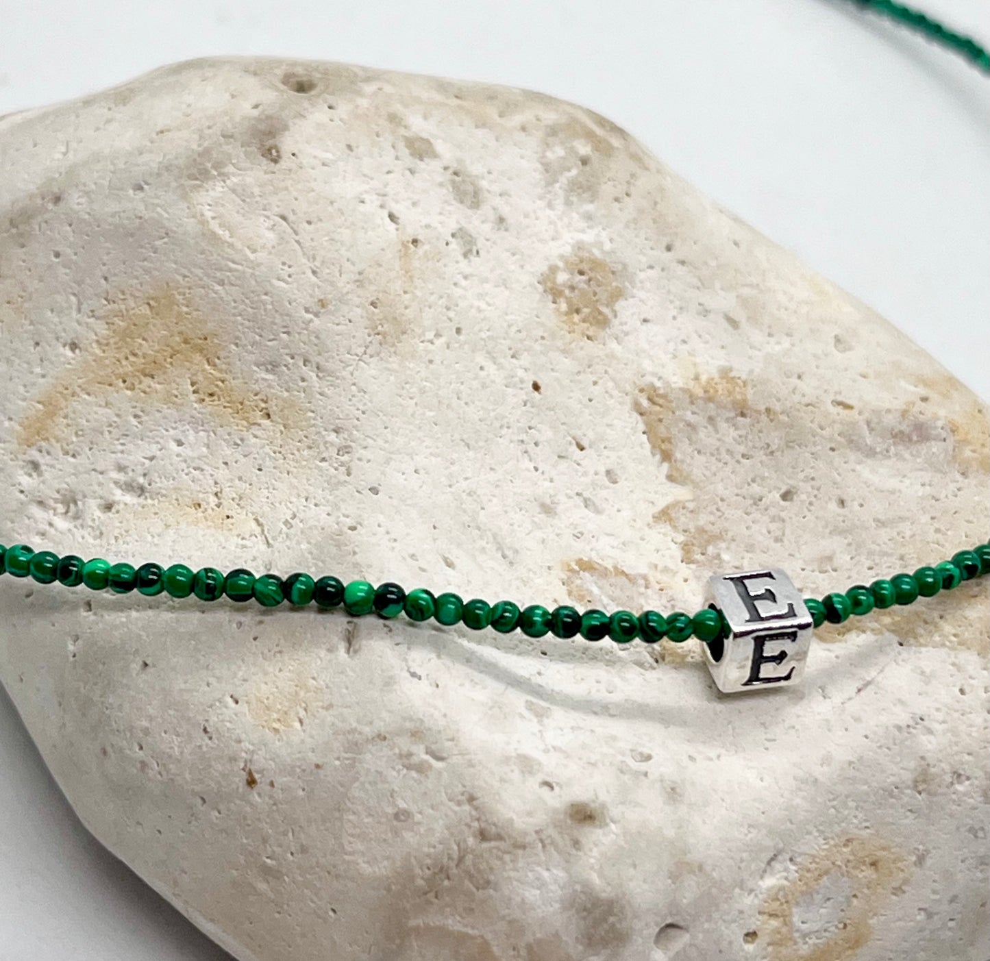Malachite beaded necklace choker 925 sterling silver cube initial