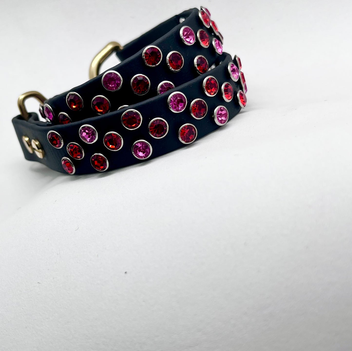 Diamanté Storm Black BioThane Dog Collar - Red & Pink Diamanté with Solid Brass