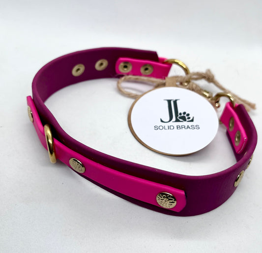'How Posh’  Burgundy Red &  Pink BioThane® Collar - Solid Brass Hardware | 14 inch | Reduced to £19.80