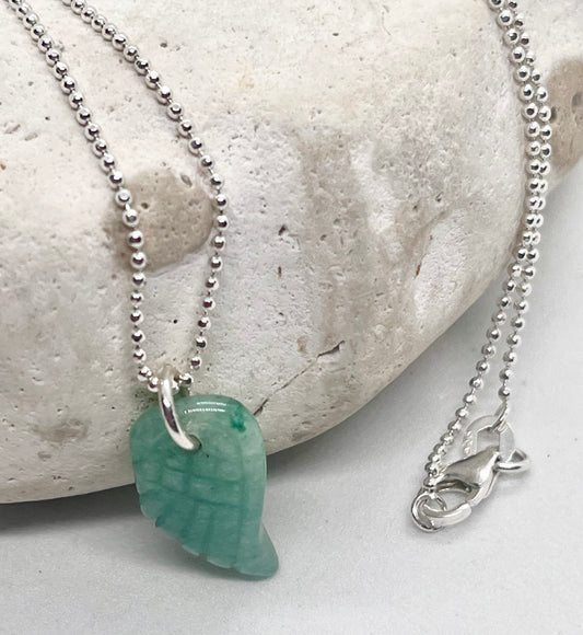 'Aventurine Glow' Green Aventurine Carved Angel Wing Necklace - 925 Sterling Silver Diamond Cut Ball Chain