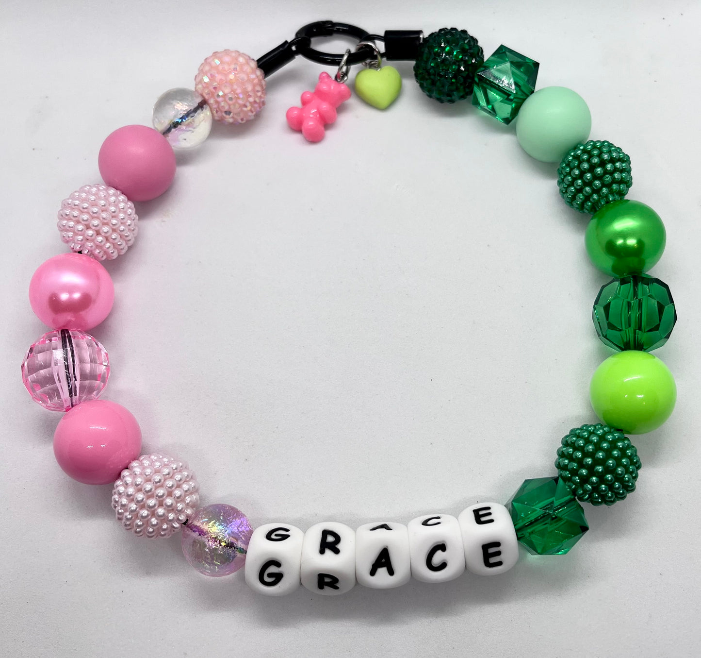 ‘Pink Poison’ Wicked, movie inspired pink & green sparkle ombré iridescent personalised beaded bead dog collar pet necklace