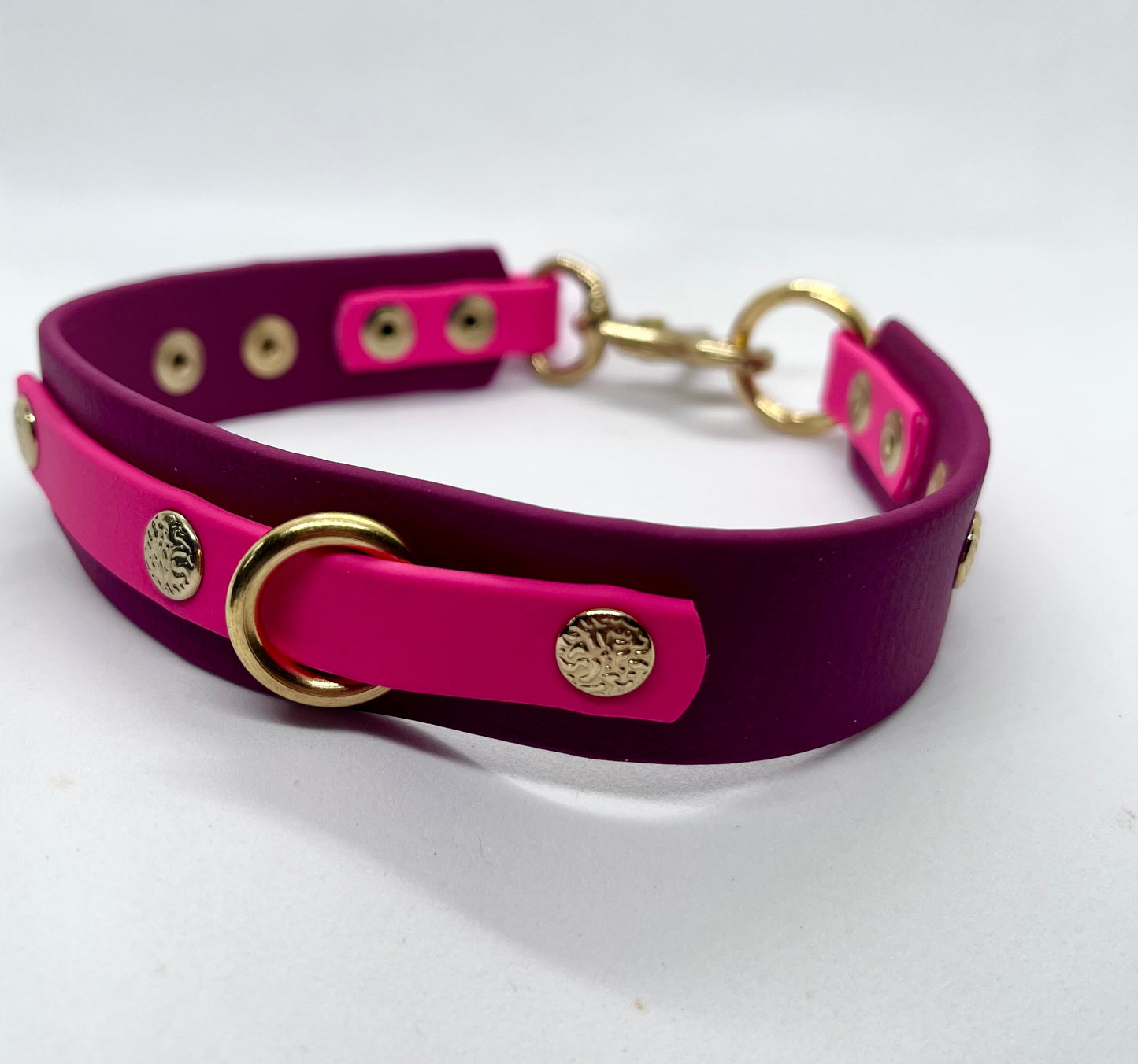 'How Posh' luxury BioThane® collar in burgundy red and pink | JOOLS LONDON