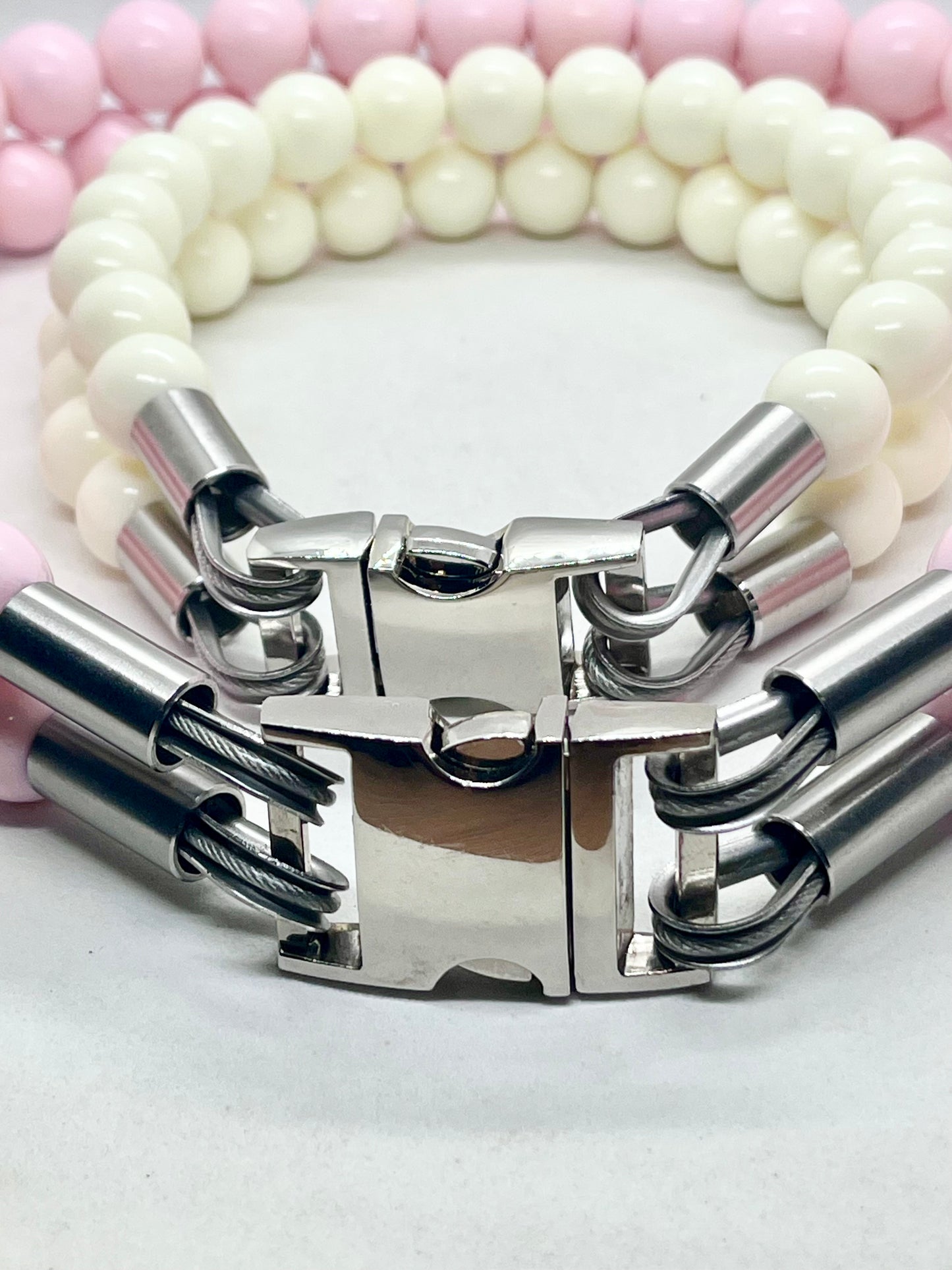 'Glow Up' Double White Beaded Stainless Steel Dog Collar20mm