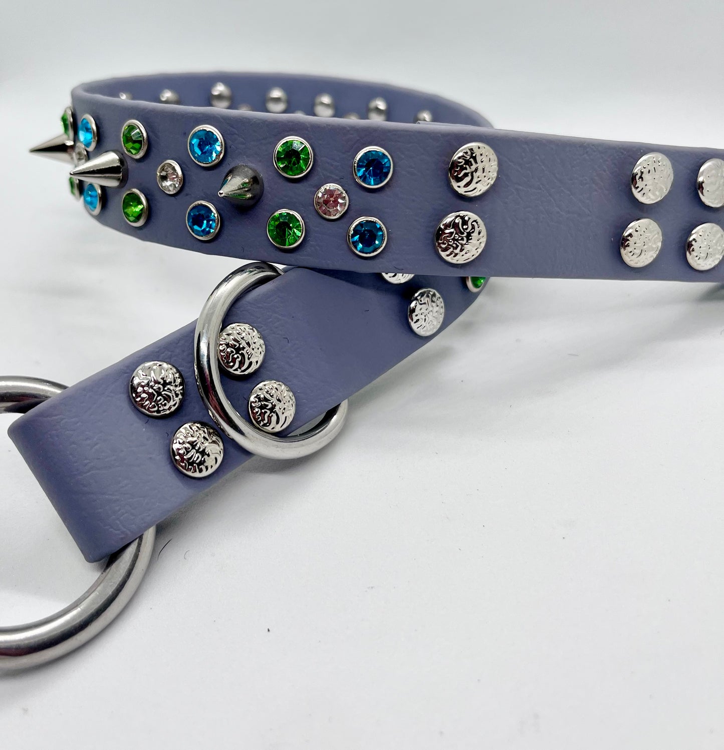 ‘Rhinestone Rebel’ turquoise green & white rhinestone crystal sparkly spiked studded dog D-ring BioThane® collar with stainless steel hardware