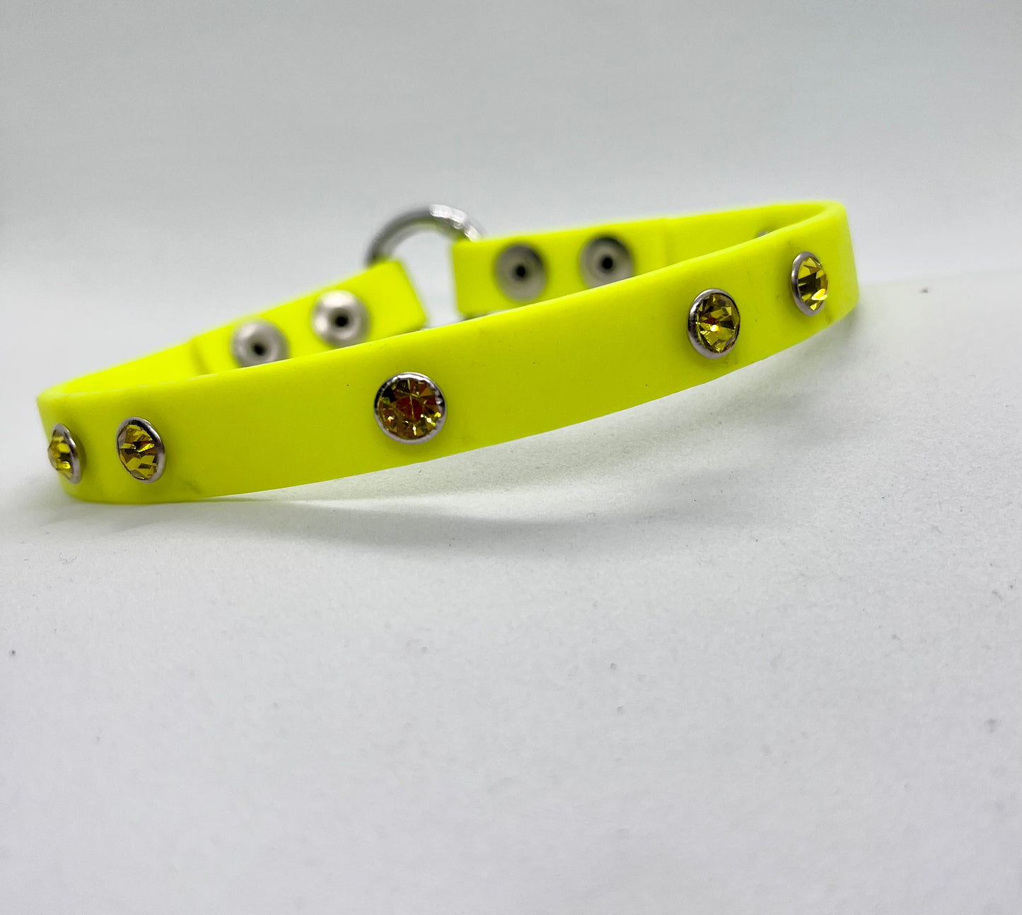 'Just Fine' Neon Yellow BioThane® & Silver Collar | Rhinestone Crystal Studs | 12 inch | Reduced to £12.60