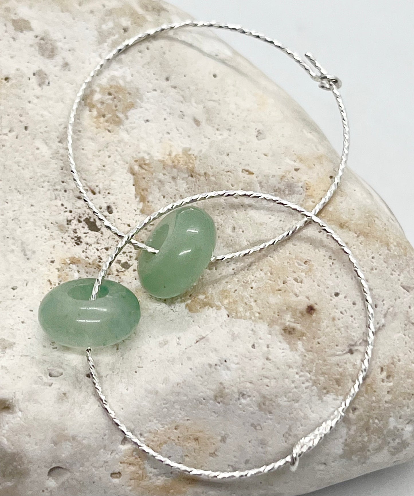 'Aventurine Energy' 925 Sterling Silver Green Aventurine Donut Sparkle or Plain Fine Wire Ear Hoop Earrings