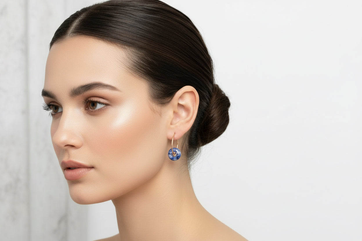 ‘Blue Zen’ 14k Gold Blue Spot Jasper donut plain fine wire ear hoop earrings