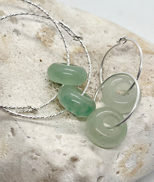 'Aventurine Energy' 925 Sterling Silver Green Aventurine Donut Sparkle or Plain Fine Wire Ear Hoop Earrings