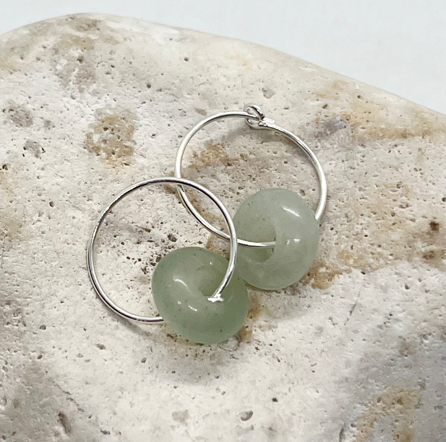 'Aventurine Energy' 925 Sterling Silver Green Aventurine Donut Sparkle or Plain Fine Wire Ear Hoop Earrings