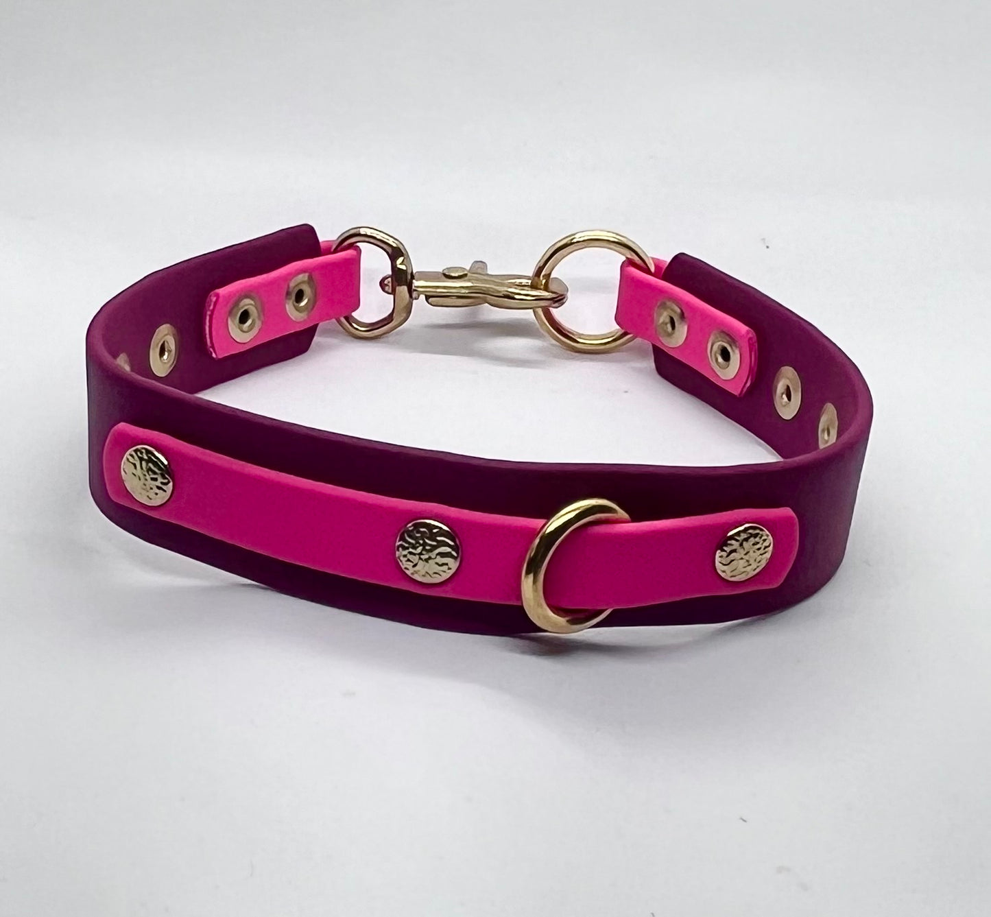 Detail shot of 'How Posh' BioThane® collar - solid brass buckle and rivets | JOOLS LONDON