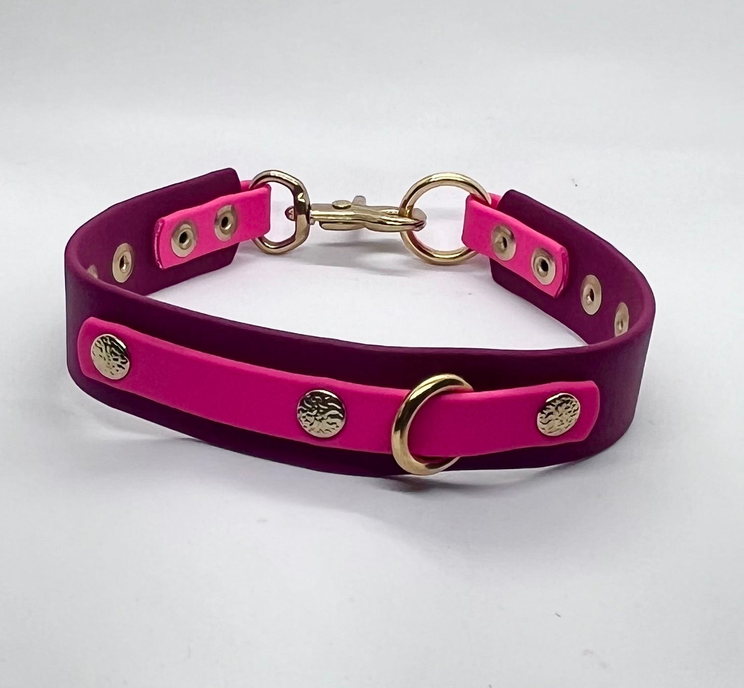 Detail shot of 'How Posh' BioThane® collar - solid brass buckle and rivets | JOOLS LONDON