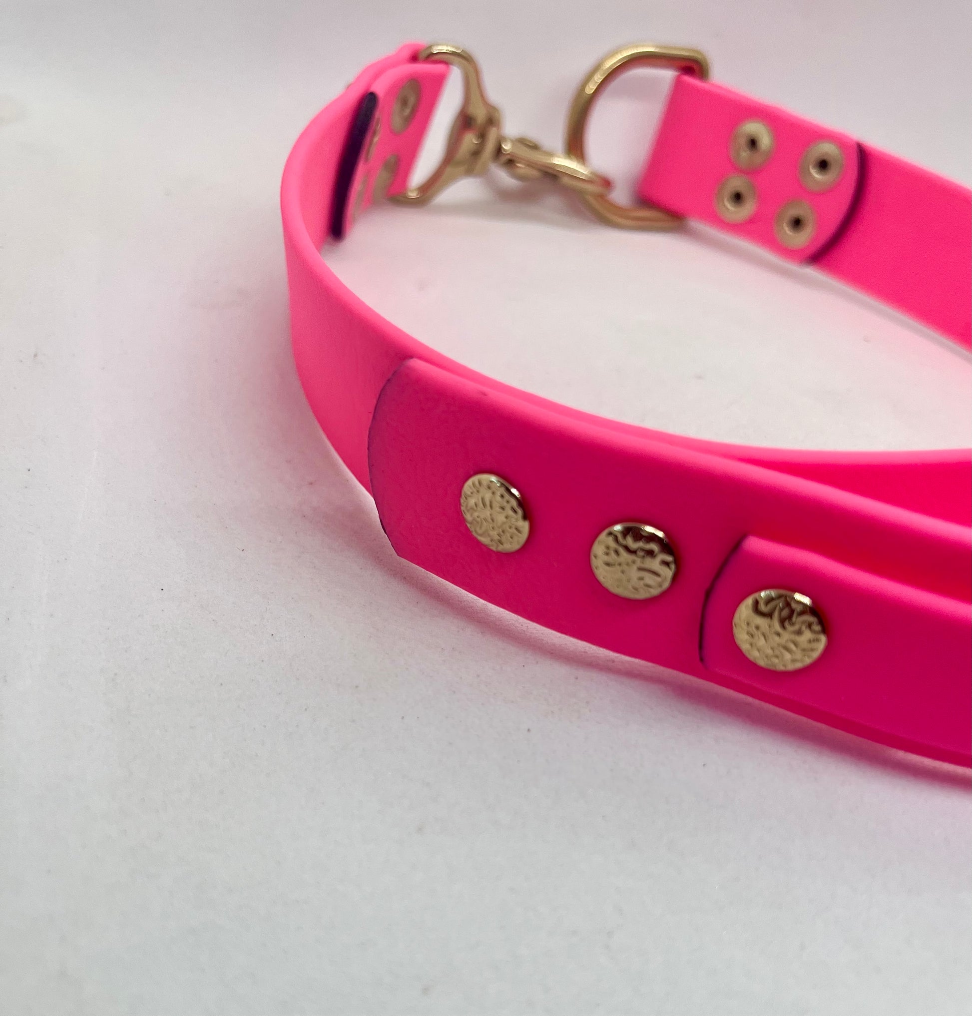 A bright neon pink dog collar with gold steel nd solid brass hardware, including a clasp, D-ring, and decorative rivets, shown on a plain light background. JOOLS LONDON