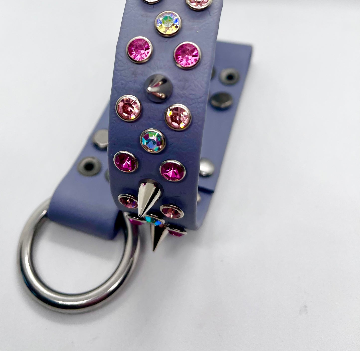 ‘Rhinestone Rebel’ all out pink rhinestone crystal grey BioThane® sparkly pink & iridescent spiked dog collar with stainless steel hardware