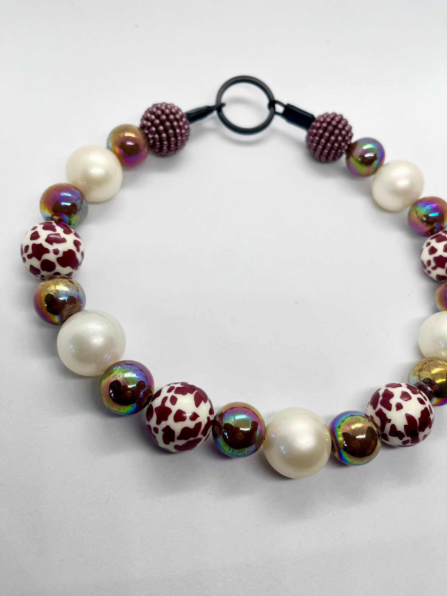 ‘Oh You’ brown animal print & pearl beaded dog collar necklace